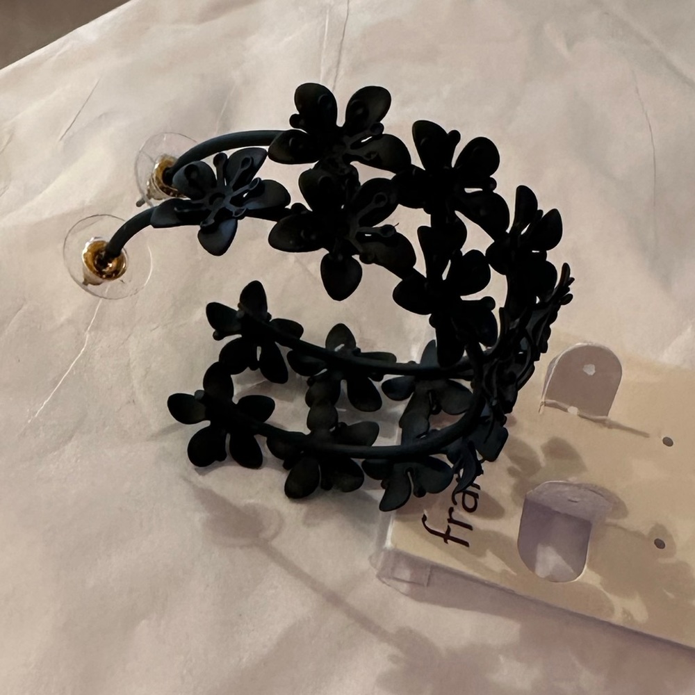 Never worn, Francesca’s black flower hoop earrings